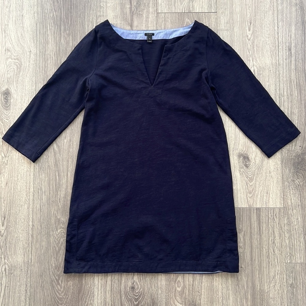 EUC J.Crew V-Neck 3/4 Sleeve Cotton Short Dress Navy Blue Small Straight Fit